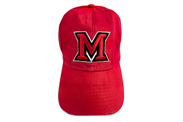 Art Piece of a Miami University Red Baseball Hat with Beveled M 