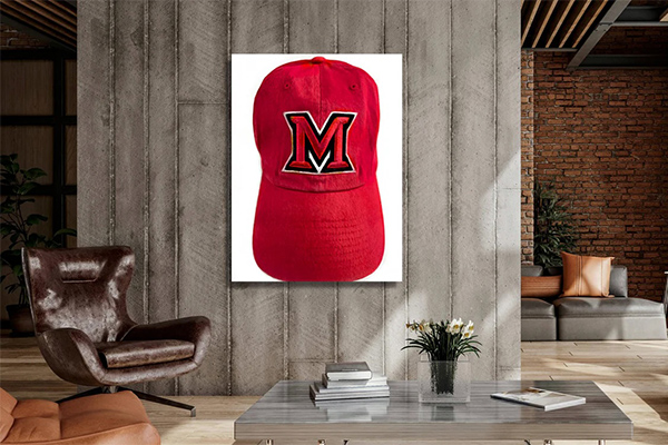 Art Piece of a Miami University Red Baseball Hat with Beveled M 