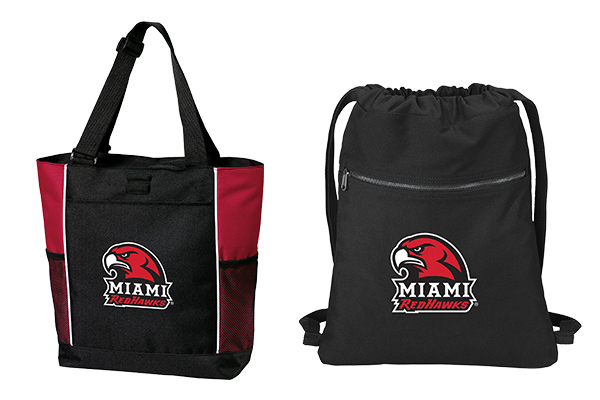 Miami University Red Hawkhead Carryall Tote Bag; Miami University Black Hawkhead Drawstring Bag