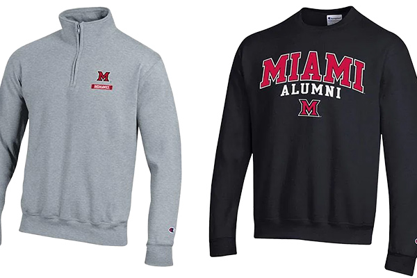 Miami University Gray Quarter Zip with Beveled M; Miami University Black Alumni Crewneck