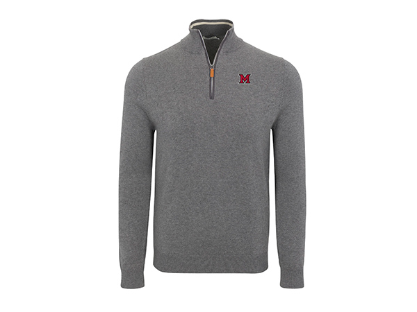 heather grey quarter zip with embroidered beveled-m on right of chest