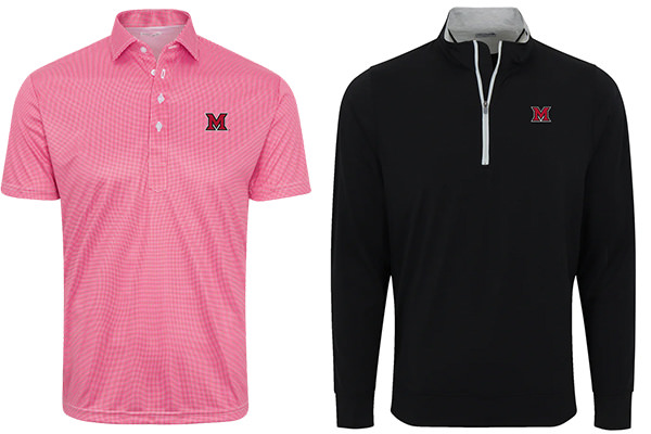 a polo shirt with Miami logo, and a quarter zip with miami logo