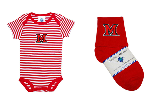 Miami University Infant Onesie with Beveled M; Miami University Red Socks with Beveled M