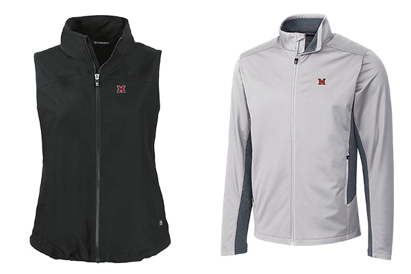 Miami University Black Zip Up Vest with Beveled M; Miami University Gray Zip Up Jacket with Beveled M