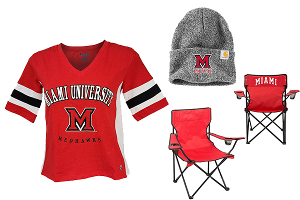 Miami University RedHawks tshirt, grey heathered winter cap with block-m, red camping chair with Miami on back