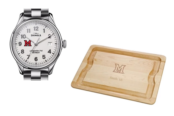 Miami University Beveled M Wood Serving Tray; Miami University Beveled M Silver Watch