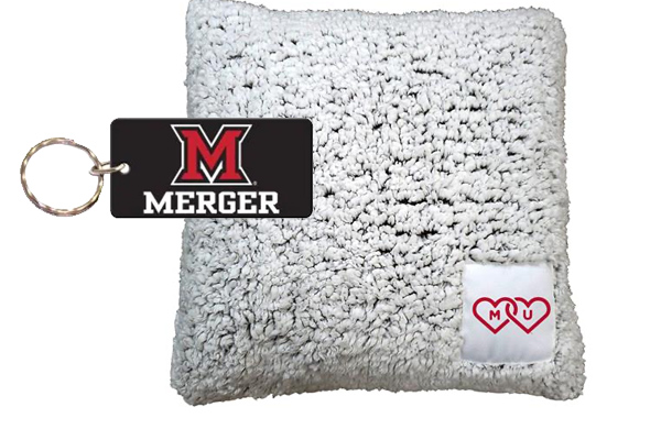 keychain with leather miami mergers tag. pillow with miami mergers logo