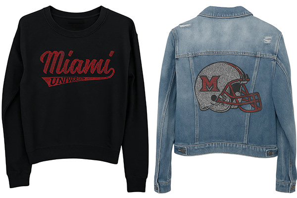 Miami University long sleeve shirt and rhinestone miami university football helmet on the back of a jean jacket