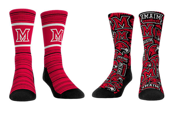 Miami University Beveled M Red Socks; Miami University Beveled M Hawkhead Red and Black Socks