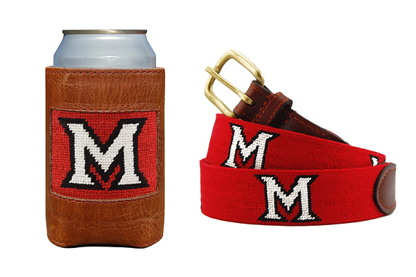 Miami University Beveled M Red Belt; Miami University Beveled M Brown Koozie