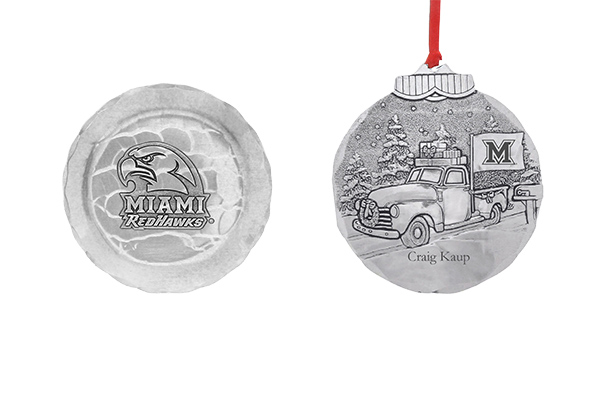 Miami University Beveled M Truck Ornament; Miami University Redhawks Ornament