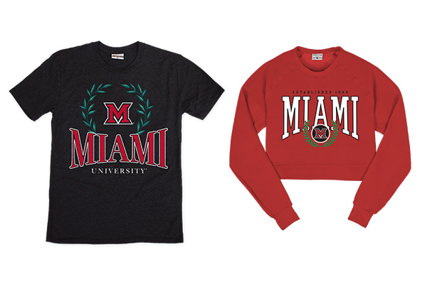 Miami University Beveled M Red Cropped Crewneck; Miami University Beveled M Black T-shirt