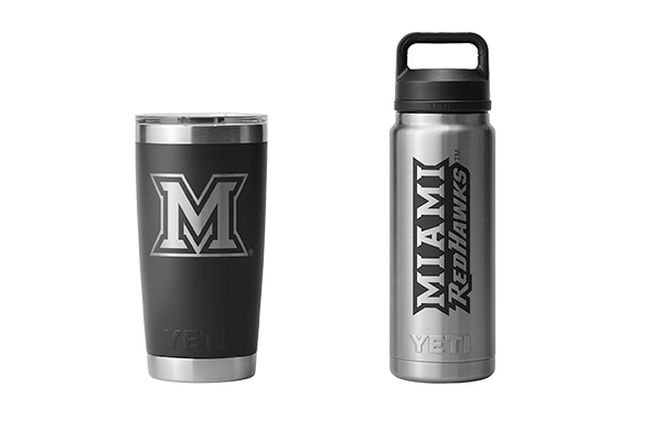 Miami University Beveled M Black Tumbler; Miami University Metal Water Bottle