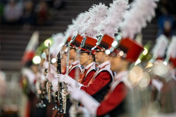 The Miami University marching band lined up on the field